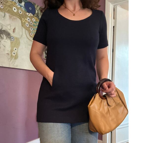 Vintage Theory S Nocturne Navy Wool Blend Short Sleeve Sweater Tunic w Pockets - Picture 1 of 10
